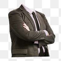 Headless businessman png sticker, arms crossed cut out on transparent background