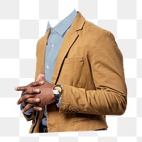 Headless businessman png sticker, wearing suit cut out on transparent background