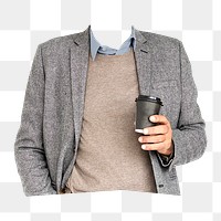 Headless businessman png sticker, holding coffee cup cut out on transparent background