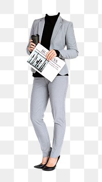 Headless businesswoman png sticker, holding newspaper, full body image, transparent background