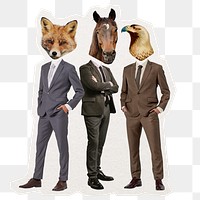 Businessmen png animal head sticker, surreal remixed media, transparent background