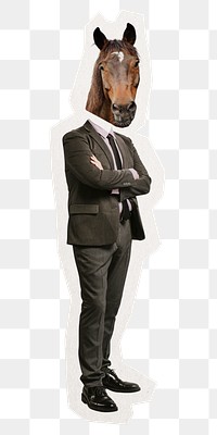 Businessman png horse head sticker, animal, surreal remixed media, transparent background