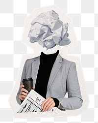 Crumpled paper png head businesswoman sticker, journalism, writer's block remixed media, transparent background