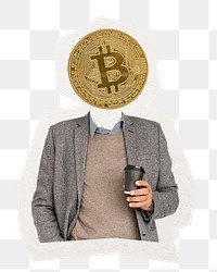 Bitcoin head png businessman sticker, finance remixed media, transparent background