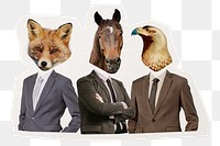 Businessmen png animal head sticker, surreal remixed media, transparent background