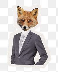 Businessman png fox head sticker, animal, surreal remixed media, transparent background