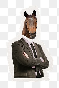 Businessman png horse head sticker, animal, surreal remixed media, transparent background