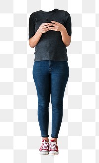 Headless woman texting, social media addict image, transparent background