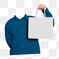 Man png holding shopping bag, headless image on transparent background