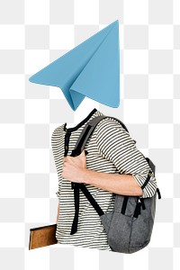 Paper plane png head man, student, education remixed media, transparent background