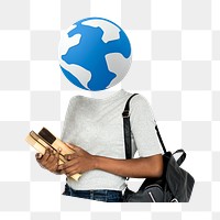 Globe head png woman sticker, student, education remixed media, transparent background