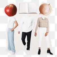 Surreal education png students sticker, apple, book, globe head, transparent background