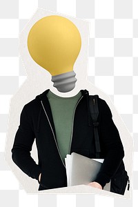 Student png light bulb head sticker, creativity, ideas remixed media, transparent background