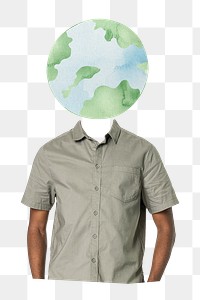 Globe head png man sticker, environment remixed media, transparent background