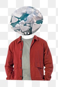 Melting ice head png man sticker, global warming remixed media, transparent background