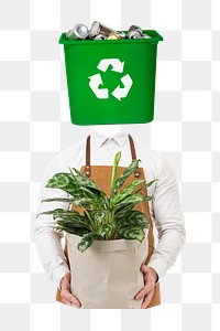 Recycle bin head png man sticker, environment remixed media, transparent background