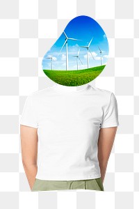 Wind turbine head png woman sticker, environment remixed media, transparent background