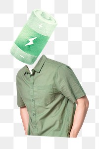 Green battery head png man sticker, renewable energy remixed media, transparent background