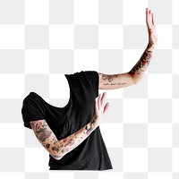 Headless tattooed woman png sticker, stop gesture, transparent background