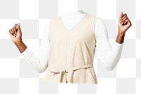 Headless woman png beige dress, minimal fashion image, transparent background