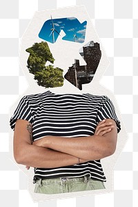 Recycle symbol head png woman sticker, environment remixed media, transparent background