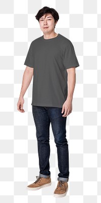 Asian man png sticker, gray t-shirt, full body image on transparent background