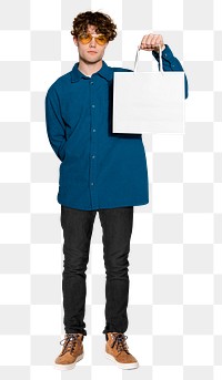 Man png sticker, holding shopping bag, transparent background