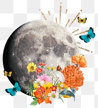 Surreal floral moon png sticker, space on transparent background