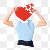 Jigsaw heart png head woman, health remixed media, transparent background