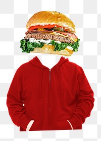 Burger head png man, junk food remixed media, transparent background