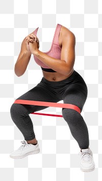 Headless fit png woman sticker, squat routine image on transparent background