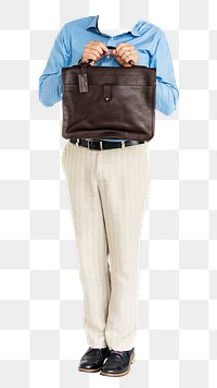 Headless businessman png sticker, holding bag cut out on transparent background