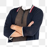 Headless man png sticker, wearing blue cardigan, transparent background