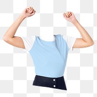 Headless woman png cheering, blue t-shirt image, transparent background