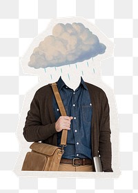 Raining cloud head png man, depression, mental health remixed media, transparent background