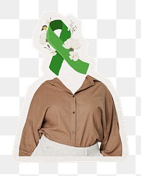 Green ribbon png mental health head woman, health remixed media, transparent background