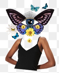 Butterfly head png woman sticker, spiritual abstract remixed media, transparent background