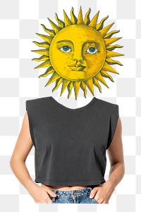 Celestial sun head png woman sticker, whimsical abstract remixed media, transparent background