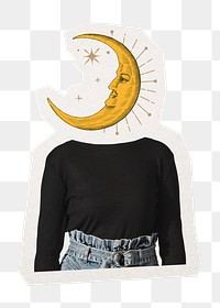 Crescent moon head png woman sticker, celestial abstract remixed media, transparent background