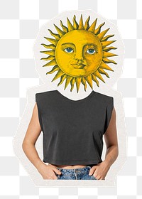 Celestial sun head png woman sticker, whimsical abstract remixed media, transparent background