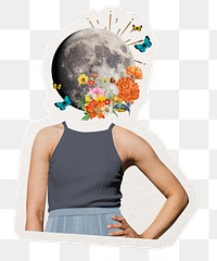 Moon head png woman sticker, surreal abstract remixed media, transparent background