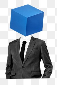 Blue box png head businessman sticker, tech company remixed media, transparent background