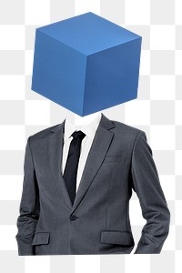 Blue box png head businessman sticker, tech company remixed media, transparent background