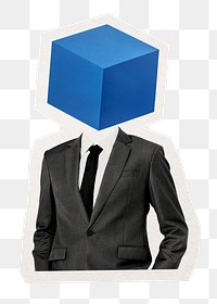 Blue box png head businessman sticker, tech company remixed media, transparent background