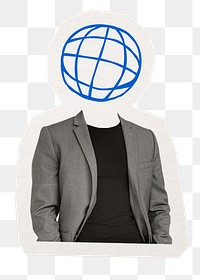 Globe grid png head businessman sticker, business connection remixed media, transparent background