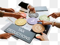 Tax deductions png word business people cutout on transparent background