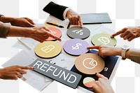 Refund  png word business people cutout on transparent background