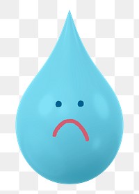 Sad png water drop sticker, 3D emoticon illustration, transparent background