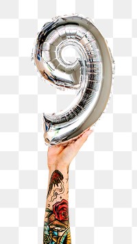 Png number nine balloon in tattooed hand sticker on transparent background