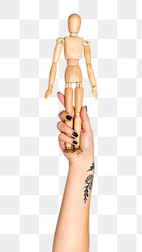 Wooden mannequin png in hand sticker on transparent background